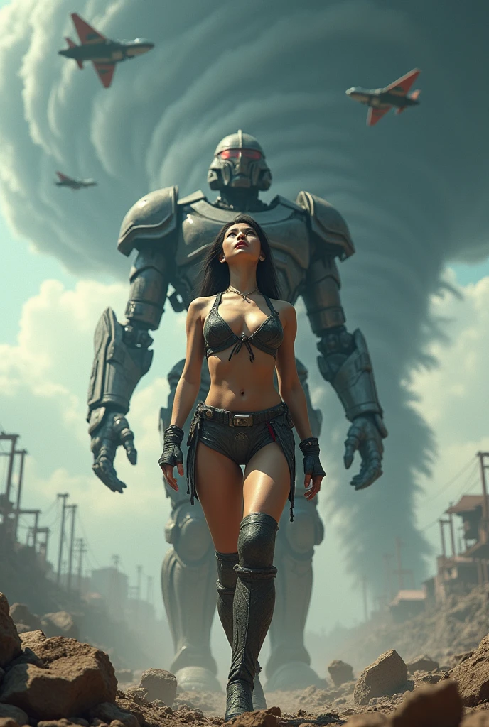 (La best quality,A high resolution,Extremely detailed,Practical),(((A sexy Asian female warrior with half exposed huge breasts)))，Show your thighs，((sideways))，Female warrior looking to the sky，There are fighter planes flying in the sky，World War, Propaganda Art, Movie宣传图, neil blomkamp Movie landscape, Revelation, # Movie, 4k static, Mixed Art, (Huge tornado background :1.4), (Half Body :1.4), high quality, (RAW photos, best quality), (Practical, PhotoPractical: 1.4), (Extremely refined: 1.4), Astonishing, Fine details, masterpiece, Extremely detailed, high resolution, Best Illustration, Best shadow, complex, ( extremely complex: 1.2), (Delicate and fine skin), Movie灯光, Perfect anatomical structure, (Cool colors: 1.4), Clear focus, 8K Ultra HD, Digital SLR Camera, (FujiMovie XT3),(Movie灯光ing :1.4), (Grande Ariana :1.4),( Grande Ariana eyes :1.4), More detailed 8K.Unreal Engine:1.4,Ultra HD,La best quality:1.4, PhotoPractical:1.4, Texture:1.4, masterpiece:1.8,best quality,Object Object], (Facial features are detailed:1.3),(Correct proportions),(Beautiful blue eyes), (Cowboy pose:1.4 ),( Cyborg white plastic transparent machine :1.4), ,(Doomsday ruins dungeon ruins background big stone :1.4 ), Epic Fantasy Art style hd, Epic fantasy style, HD Fantasy Art, Epic Fantasy Character Art, Epic Fantasy Art, Dark fantasy art style, Epic fantasy digital art, (Alien invasion background :1.4),( 细致Perfect anatomical structure :1.4), (Cyborg Translucent White :1.4), (Half Body :1.4), (Grande Ariana V2.1),( Surface details :1.4) ，There is a giant mechanical warrior protecting her，(((Left-right symmetrical composition)))