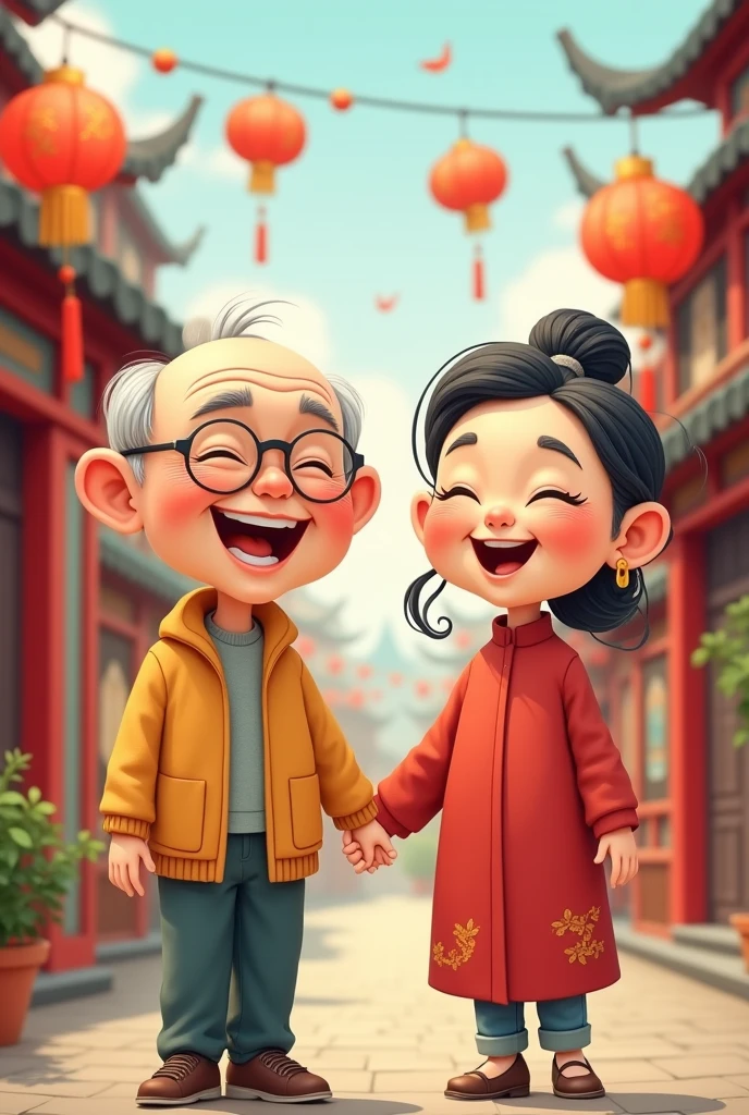 Chinese old couple in cute cantoon 