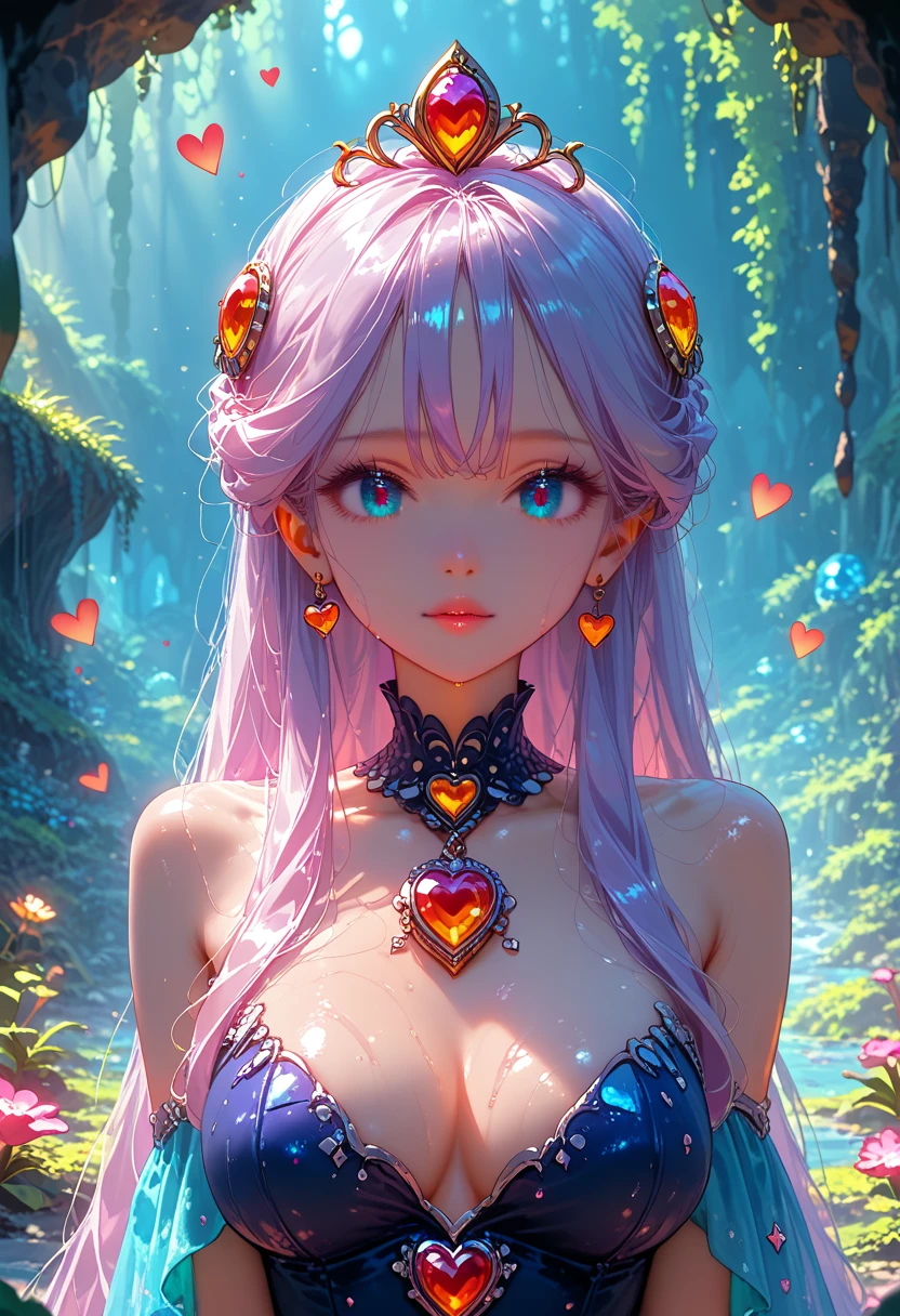 score_9, score_8_up,score_7_up, masterpiece, best quality, perfect anatomy, very aesthetic, official art, 8k,"In the very heart of the Cave of Wonders, Girl with loose hair explores fascinating underground grotto. She is surrounded by a huge, Shiny gemstones, their bright colors give a magical charm. The play of light and shadow adds depth and mystery to the scene.,pfstyle, anime