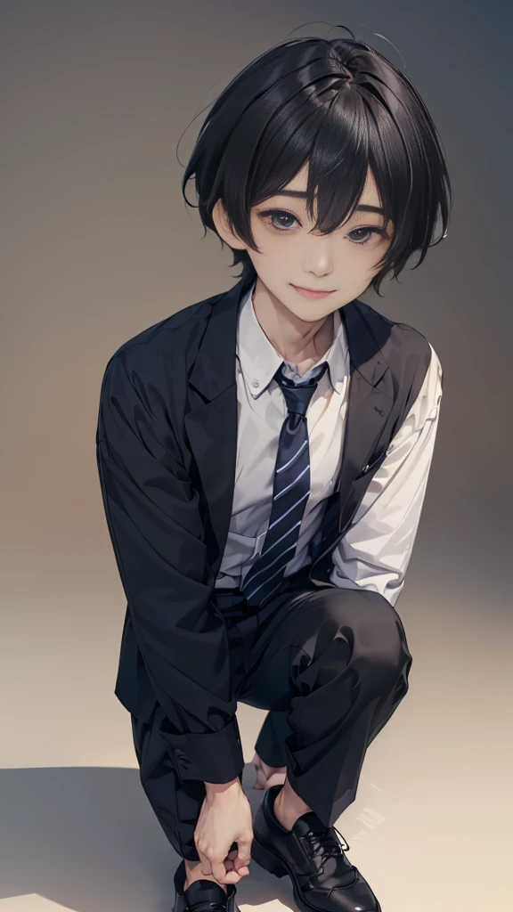 Masterpiece,best quality,独奏, 1 Japanese boy, 20 years old,(tall and thin,sleepy droopy eyes, long face, (thin cheeks:1.2),(black shaggy short hair:1.4),(Black tailored jacket, white shirt, navy blue striped tie, black slacks,black shoes:1.3),(A shy smile:1.3),(Plain background:1.5),