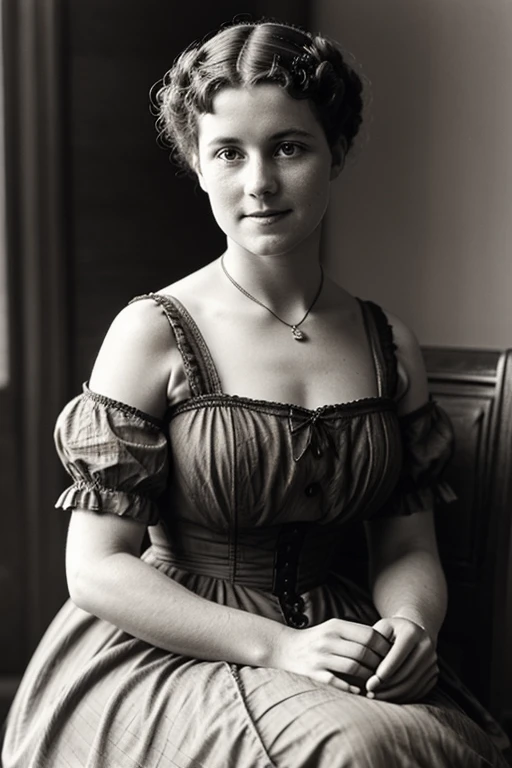 England、1900s、woman、Sepia、era、whole body、era、1 person、Accurate limbs、Sitting、Wearing a dress、accurate,