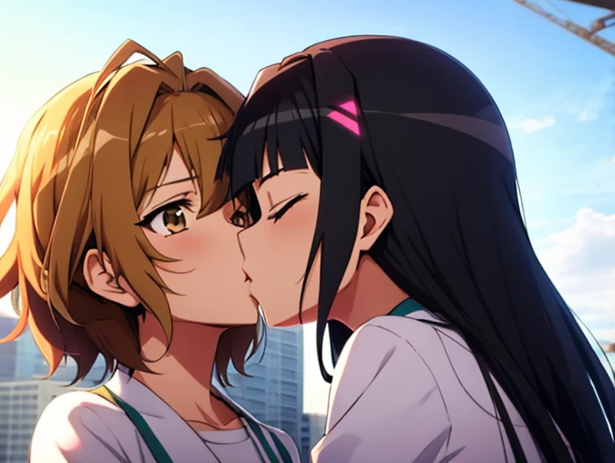 Two Girls,1:Symphogear,Miku Kohinata,Adorable,Black Hair,2:Symphogear,Hibiki Tachibana,Brown Hair,Disheveled Hair,kiss,Hook each other's thighs