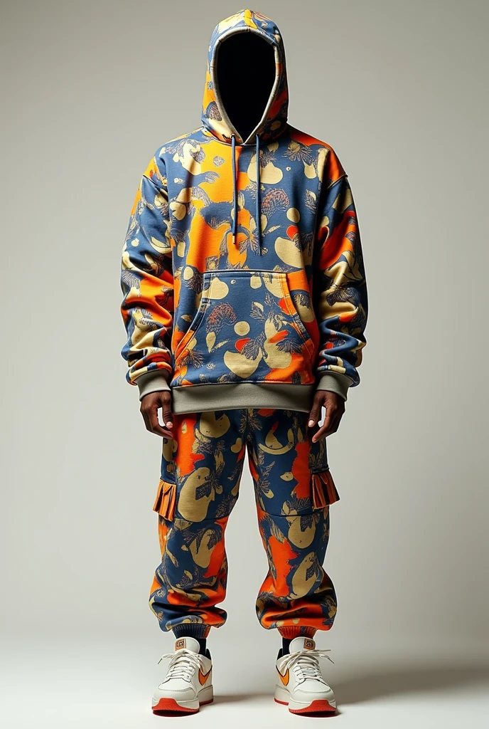 Design streetwear for men with beautiful patterns and the brand Earth foot ball attached. Use the image as a model for the clothes only, no people needed.