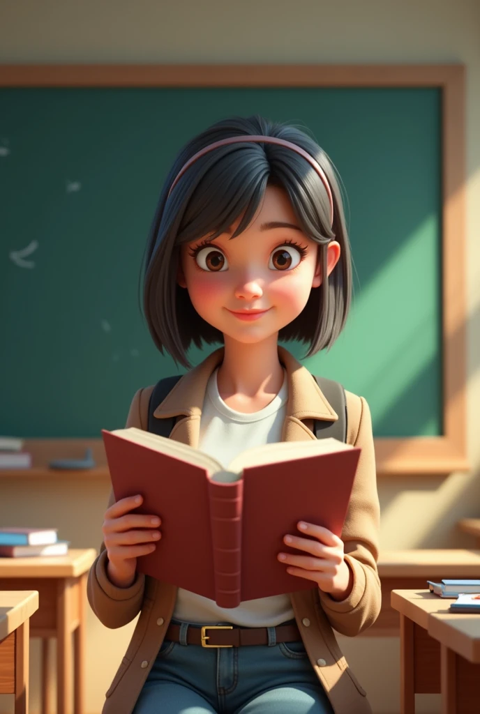 A girl in a college classroom,Hold a textbook,Behind it is a blackboard,Cartoon 3D style,