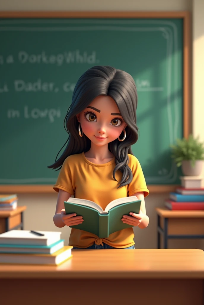 A girl in a college classroom,Hold a textbook,Behind it is a blackboard,Cartoon 3D style,