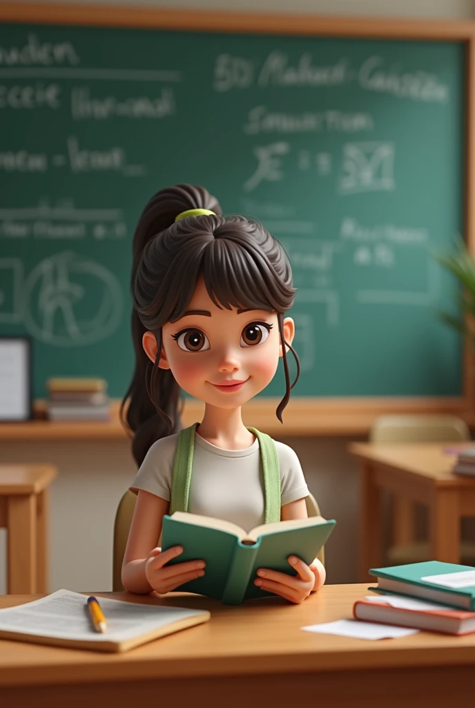 A girl in a college classroom,Hold a textbook,Behind it is a blackboard,Cartoon 3D style,