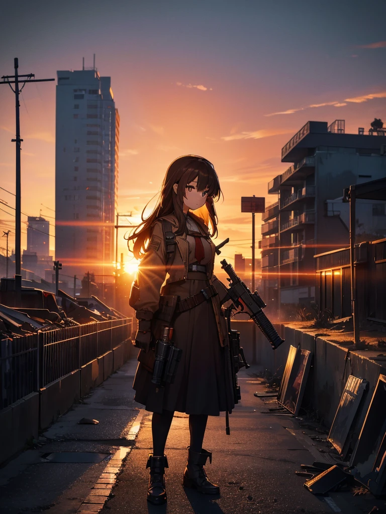 force, Multiple names, Cityscape, building, Skyline, sunset, Silhouette against a cloud background, meditation. Watching the beautiful sunset, sunset時に, sunset時, sunsetとともに, In the sunset, Nice views, Sunset view, With the sunset, sunset時に, During Golden Hour, looking sunset時に, Sunset in the background, Watching the sunset, In the spotlight, holding_gun, assault_rifle, Very detailed, Brown Hair, Long Hair, Anime Style, whole body, alone, Stylish Gunfighter Girl, Holding a steampunk long barrel pistol,Standing in the wasteland, 8K high resolution, White Background, The background is a dark and desolate landscape, Horror movie atmosphere. Her figure is very beautiful, Emphasizing the dark and crazy elements. Skillfully expressing the effects of light and shadow, Anime with guns and rifles, from Girls' Frontline, mechanized soldier girl, Girls' Frontline style