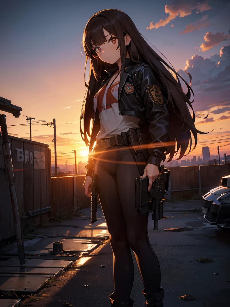 force, Multiple names, Cityscape, building, Skyline, sunset, Silhouette against a cloud background, meditation. Watching the beautiful sunset, sunset時に, sunset時, sunsetとともに, In the sunset, Nice views, Sunset view, With the sunset, sunset時に, During Golden Hour, looking sunset時に, Sunset in the background, Watching the sunset, In the spotlight, holding_gun, assault_rifle, Very detailed, Brown Hair, Long Hair, Anime Style, whole body, alone, Stylish Gunfighter Girl, Holding a steampunk long barrel pistol,Standing in the wasteland, 8K high resolution, White Background, The background is a dark and desolate landscape, Horror movie atmosphere. Her figure is very beautiful, Emphasizing the dark and crazy elements. Skillfully expressing the effects of light and shadow, Anime with guns and rifles, from Girls&#39; Frontline, mechanized soldier girl, Girls&#39; Frontline style