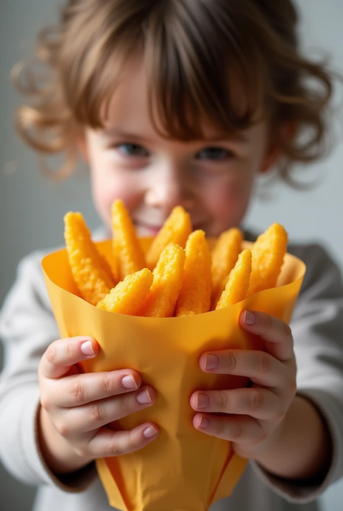 Close up of frozen food cheesy wedges in packaging,Held by a ,Characters not on screen,No background,A childrspective