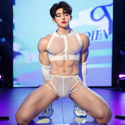 한국 잘생긴 Boy Idol,20 years old,transparent penis,white&Transparent crop top with tight long sleeves that show your chest, White transparent triangle panties,A handsome man, pretty legs,Adonis,penis visible,Became a toy, seductive posture, thin arms,a picturesque face, tight clothes,Undressing, During a performance on a pornographic stage, Bodyguard harness,Boy Idol, a picturesque face, star, selling oneself, body selling, sexy, Kneeling position with one knee wide open, Backward