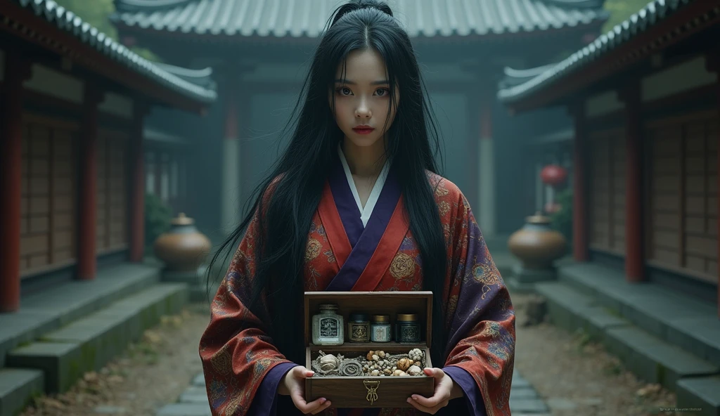 Create a photorealistic image of a female character inspired by the medicine seller from 'Mononoke' in the 'Karakasa' arc, as if it were from a live-action adaptation. She has long, flowing black hair and sharp, striking features, with intense, piercing eyes that suggest ancient wisdom—perhaps with a unique color like gold or violet. The woman is dressed in a traditional yet intricately designed kimono with rich, textured fabrics, blending deep reds, purples, and golds. The kimono has modern touches to make it suitable for a live-action film, with a slightly worn, authentic look. She carries a small, detailed wooden box filled with various medicines and mystical items. The background depicts a traditional Japanese setting with a supernatural atmosphere, such as a haunted temple or a misty forest. The overall mood should be mysterious and eerie, blending the spiritual and the real world, capturing the essence of a live-action version of the female medicine seller.