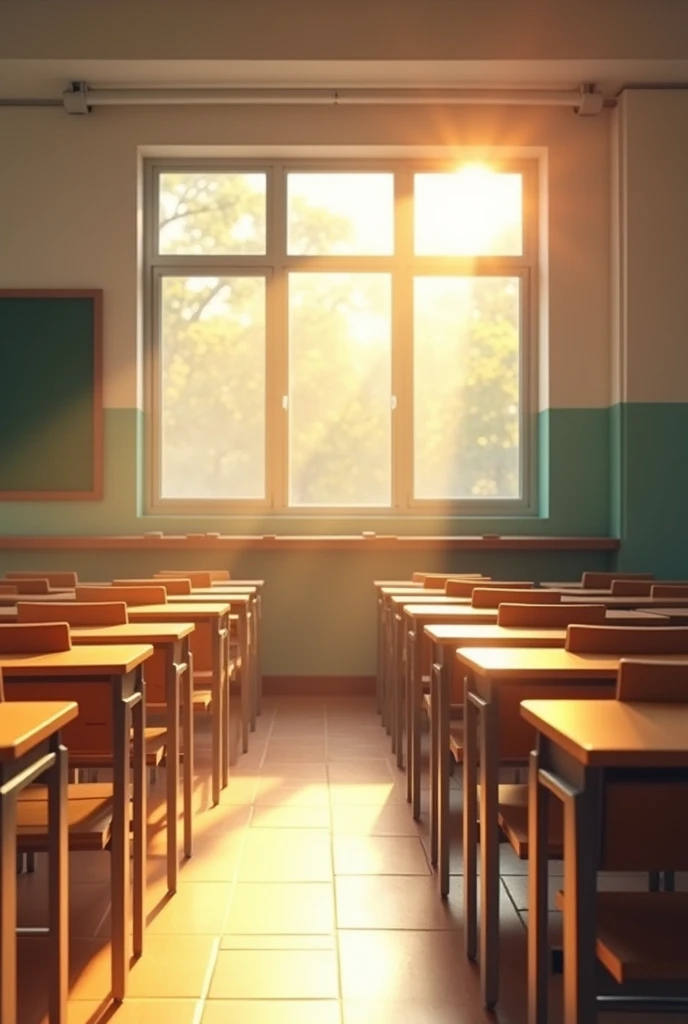 A realistic photograph features a Chinese high school classroom. The upper part of the image shows sunlight streaming in through the windows, while the lower part shows rows of desks and chairs. The classroom is empty, and the entire scene is bright and tranquil.