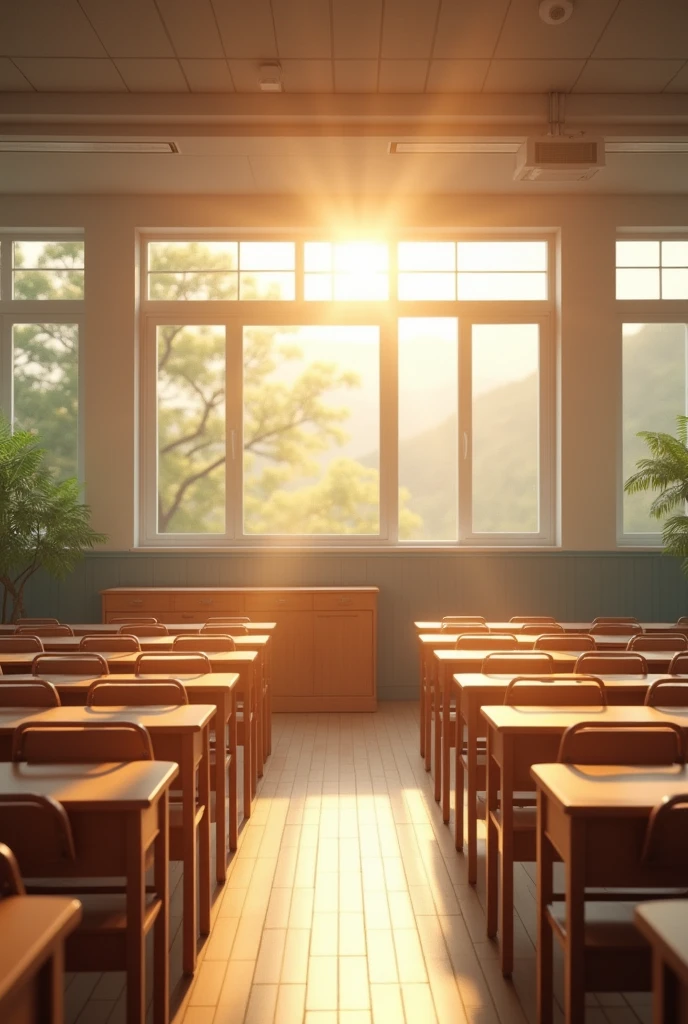 A realistic photograph features a Chinese high school classroom. The upper part of the image shows sunlight streaming in through the windows, while the lower part shows rows of desks and chairs. The classroom is empty, and the entire scene is bright and tranquil.