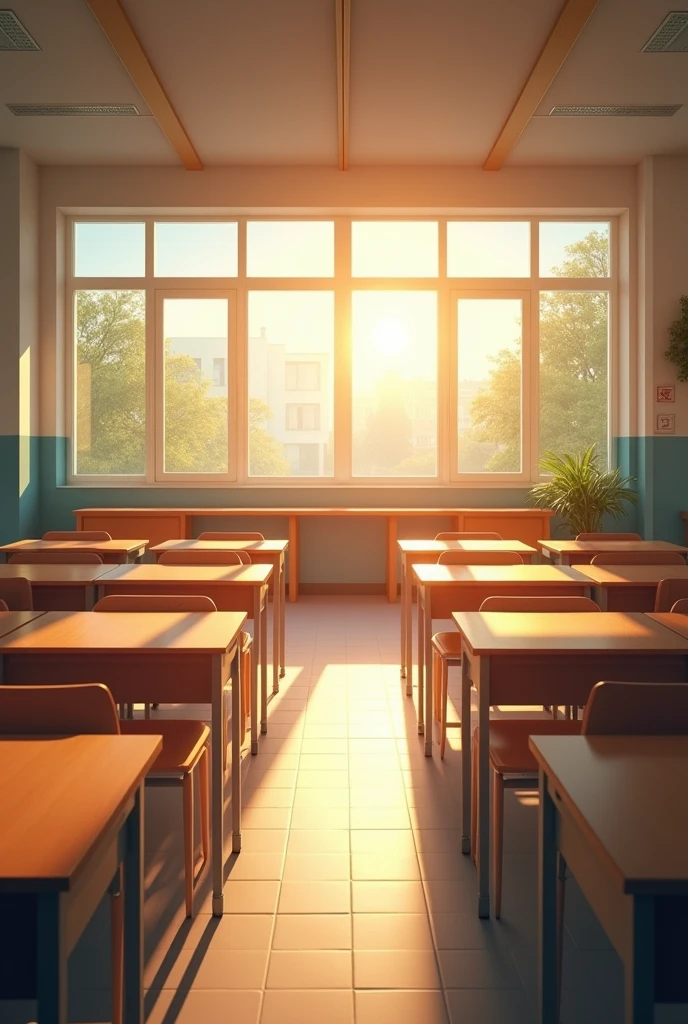 A realistic photograph features a Chinese high school classroom. The upper part of the image shows sunlight streaming in through the windows, while the lower part shows rows of desks and chairs. The classroom is empty, and the entire scene is bright and tranquil.