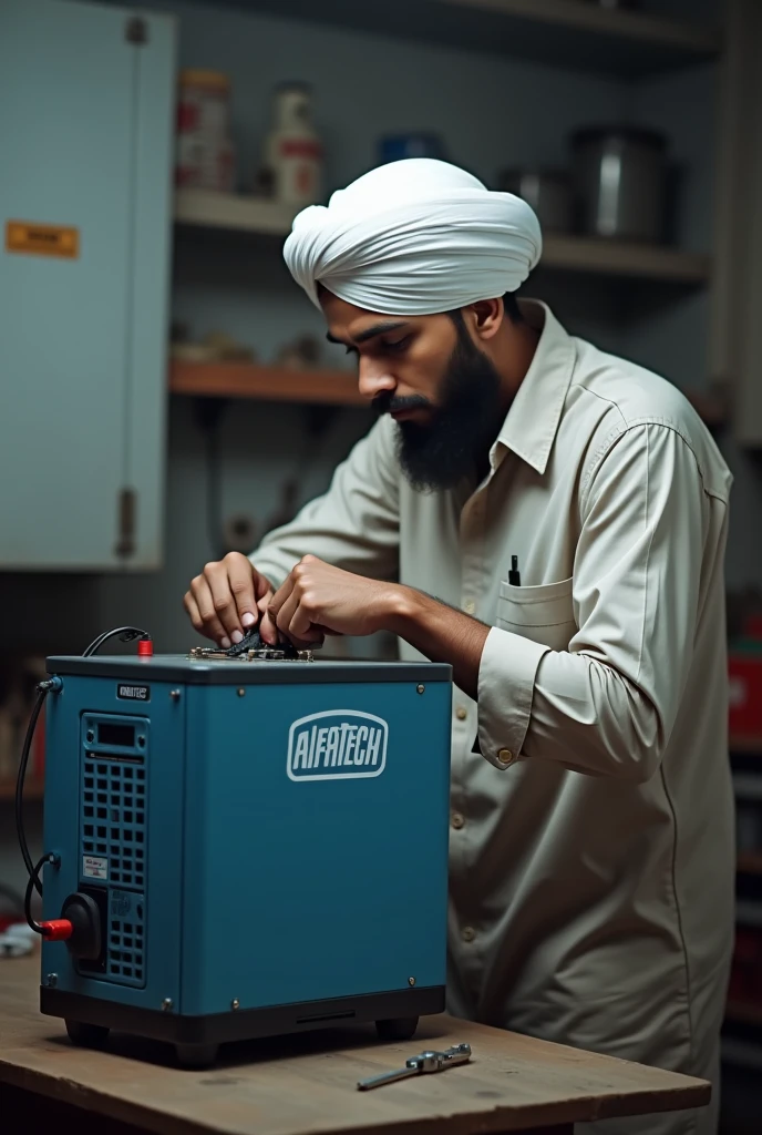 a sikh young man with wear wite short turban and repair a inverter which name is a ALFATECH front on inverter