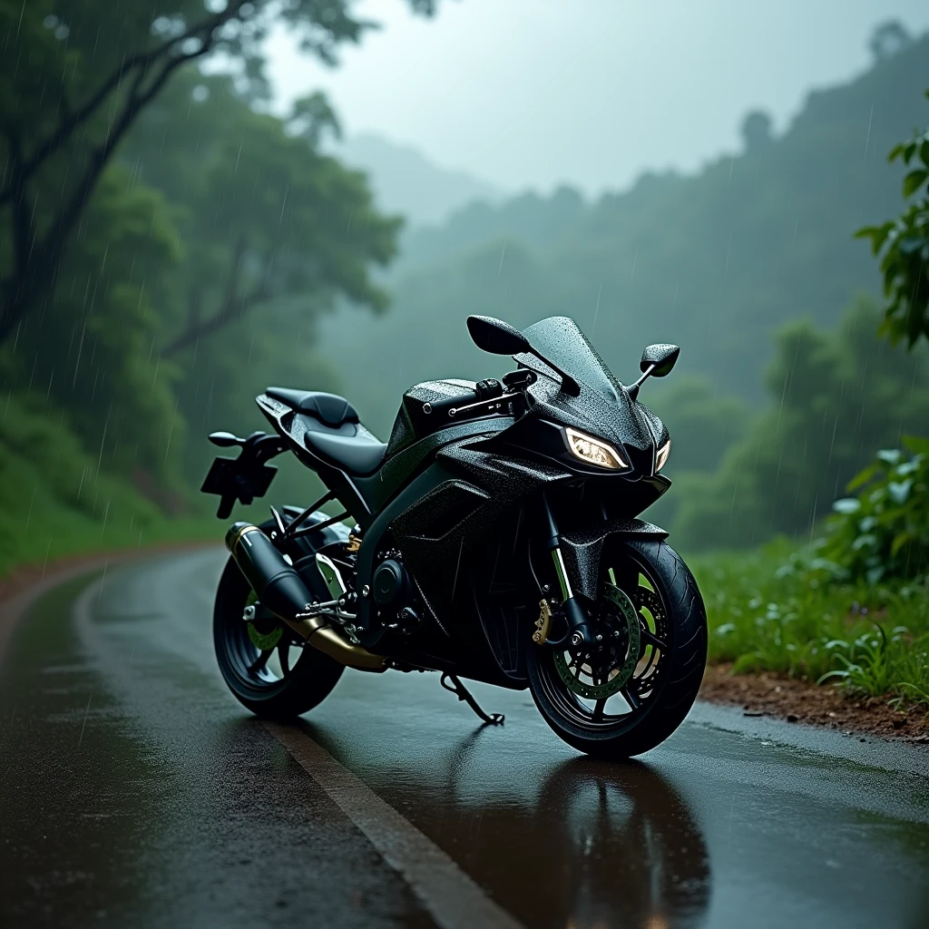 R15 R7 black bike standing in hill side monsoon