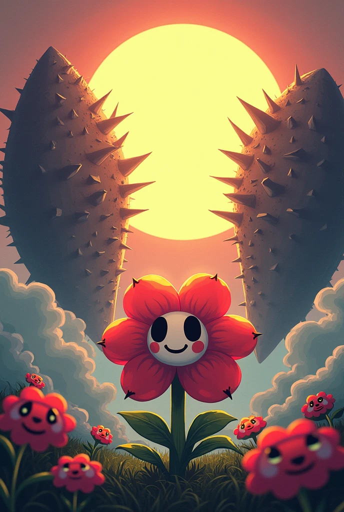 Flower from Undertale with her face close to two meteors with thorns on the rises and blocking the view of the sun