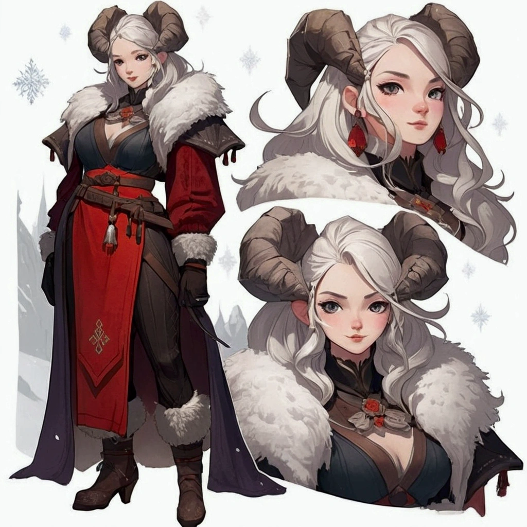 Replicate the character in the image with a background scene, that it is a snowy village with mountains in the background, dark fantasy style. Keep the character traits of the image