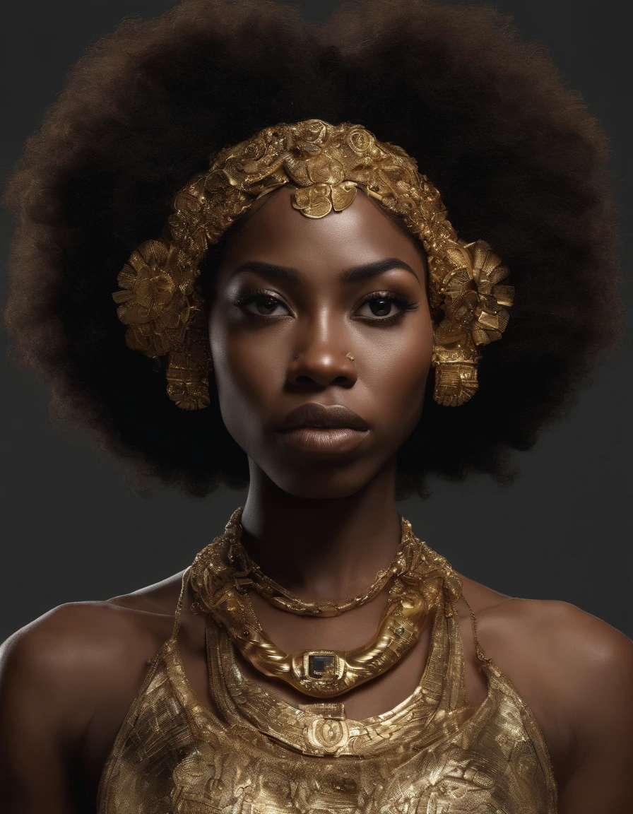 A black woman with super powers she is beautiful with dark brown hair and dark brown eyes she is the holder of the universe she has a Afro too and she wears gold