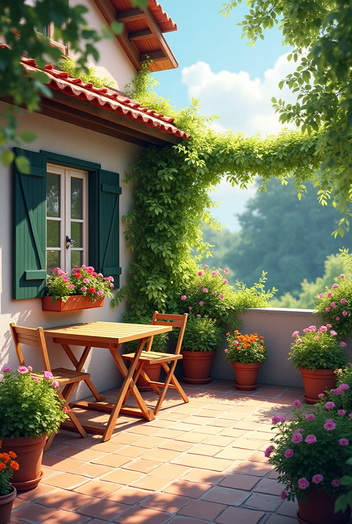 Picture of a patio with a table, Chair, Potted plants, Beautiful terrace, Cute style garden, Flowered cottage, Beautiful Home, Colorful flowers and plants, Beautiful garden, Green Terrace, Lush chic gardens, Lush outdoor flowers, Outdoor Design, Window with flower box, Balcony plants, Flower Environment, Beautiful plants, Realistic garden, Relaxing environment, 4k hd,, Beautiful Art UHD 4K, Beautiful artwork illustration, Beautiful digital painting, Highly detailed digital painting, Beautiful digital art, Detailed painting 4k, Highly detailed digital painting, Rich, picturesque colors, Gorgeous digital painting, not human