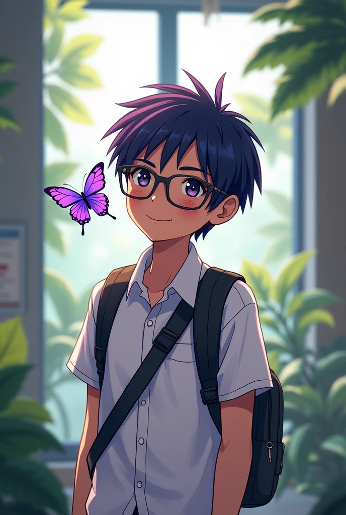 trans boy, simple makeup, School uniform, crossbody backpack, black shoes, dark but light skin, smile, Dark hair with lilac and purple highlights, purple butterfly, beautiful shelter, labial, freckles and glasses, realist anime 