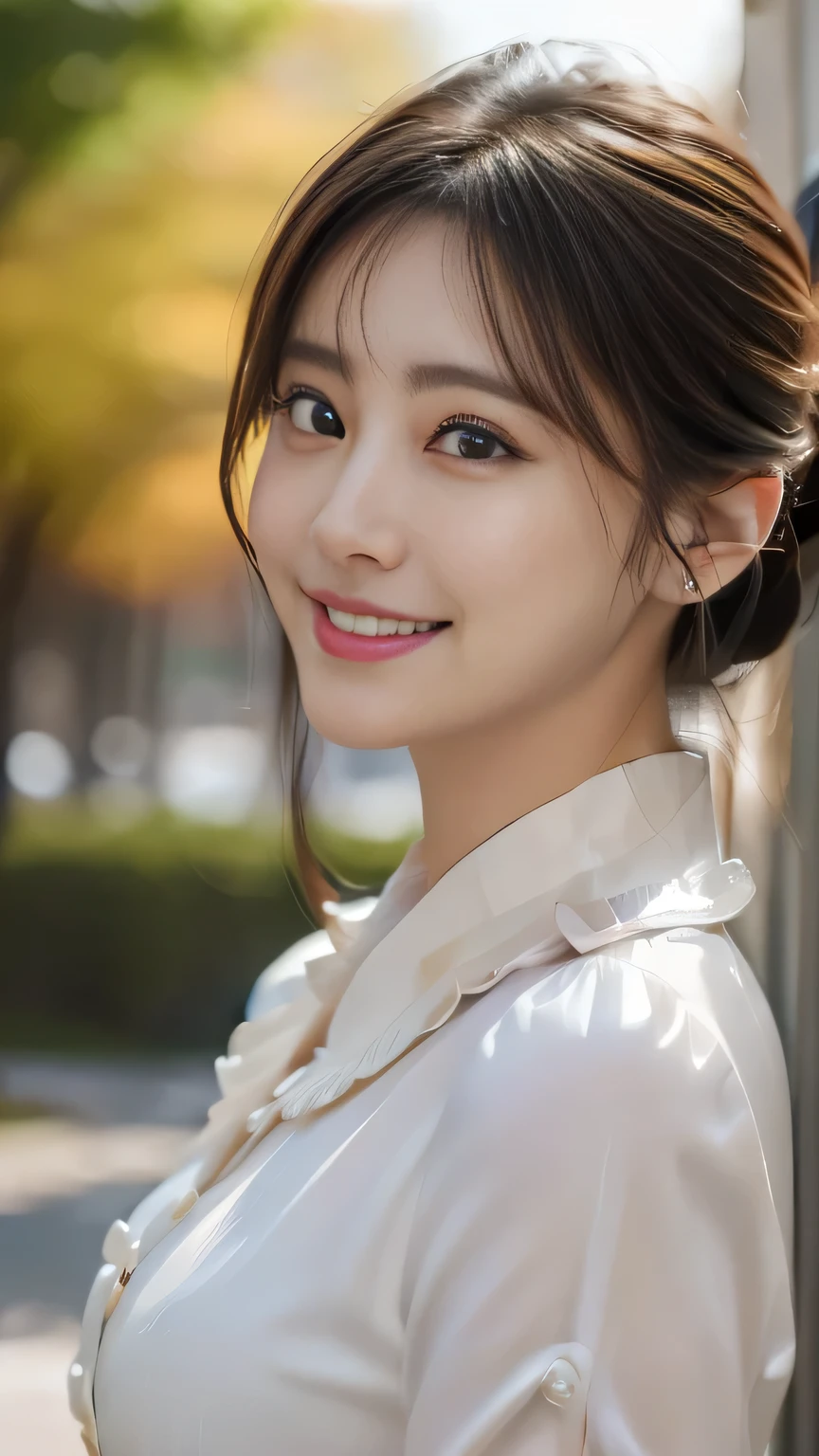 (8k, Highest quality, Genuine、 Ultra-high resolution:1.5),Beautiful Japanese Woman, ((Cute Smile)),(Updo), (Blouse with a large collar), A side profile peering into this, Close-up shot of face、