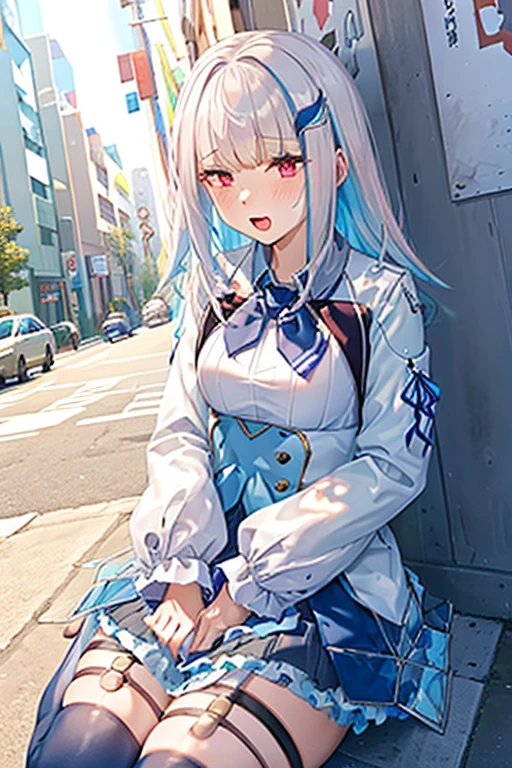 Highest quality, High resolution,fingering, schlick, masturbation,Ahegao,blush,, lh1, hair ornamnet, long hair, long sleeves, pleated skirt, blue thighhighs, 手链, frilled skirt, white jacket, white shirt, blue skirt, thigh strap,(Anatomically correct), classroom,Saliva stringing, remote_vibrating,remote_play,Character portrait