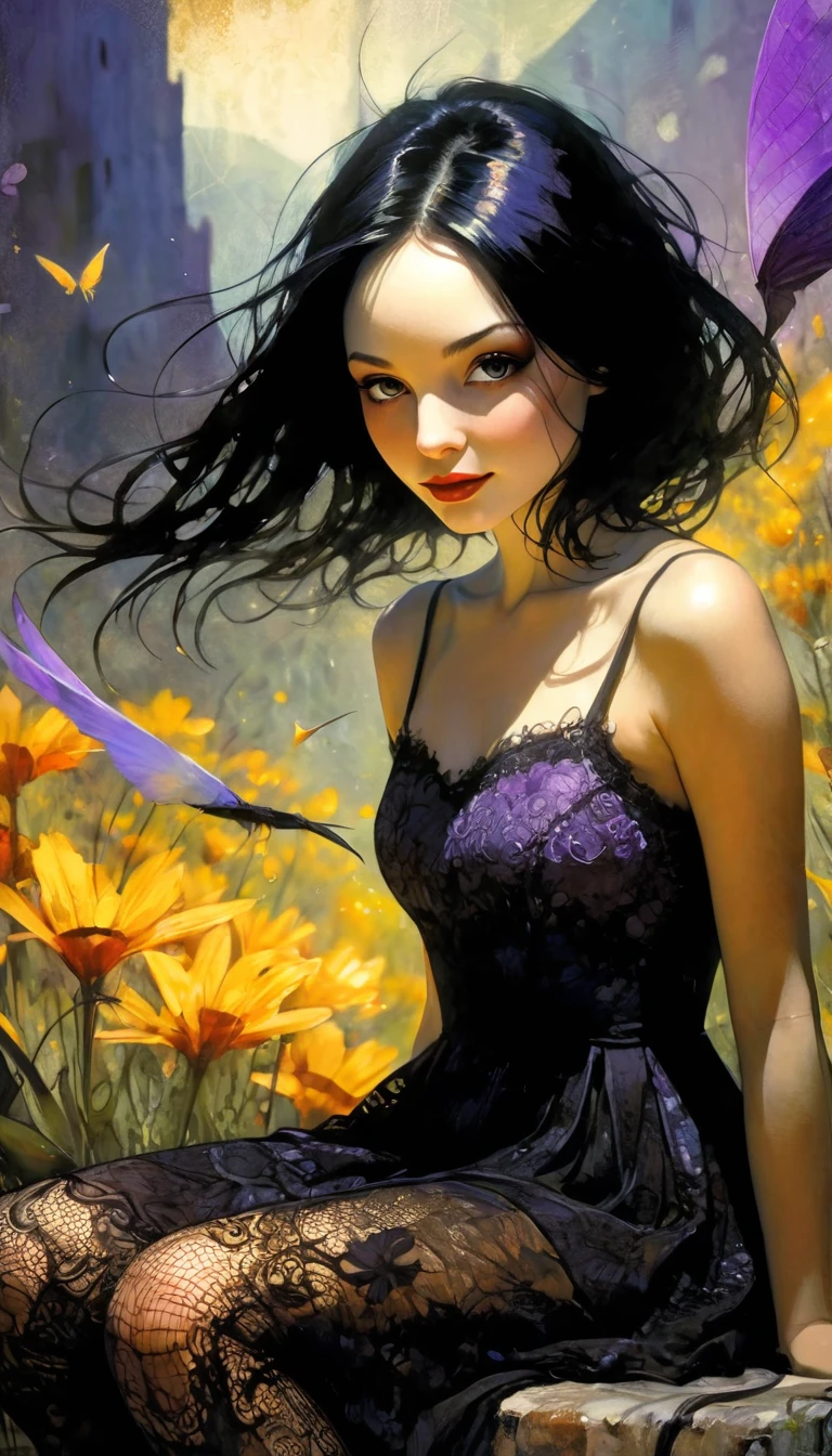 1 girl, long black hair, lavender, short black dress, lace dress, smile, flower garden, full body, sitting, mountains in the distance, light particles, (depth of field, cinematic angle, cinematic lighting: 1.2), blurred background, blurred foreground, (masterpiece: 1.2), (best quality: 1.2), (highly aesthetic: 1.2), (absurd: 1.2), (detailed background), newest, intricate details,(best quality, 4k, 8k, high resolution, masterpiece: 1.2), ultra-detailed, (realistic, photorealistic, photorealistic: 1.37), details intricate, vivid colors, sharp focus, professional, Dave McKean artwork, surrealism oil touch, oil painting style, portrait, woman, beautiful detailed eyes, beautiful detailed lips, dreamy atmosphere, shadow play, lighting soft, fun pose, dark tones, ethereal background, fantasy elements, texture, layered composition. art inspired by Bill Sienkiewicz and Dave McKean
