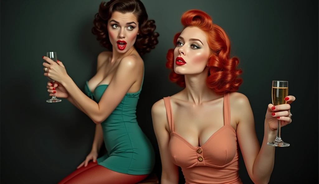 Two young pin up women with curly red and blonde hair, wearing tight, revealing teal and peach dresses, holding champagne glasses, posing against a dark background, She has dark curly hair, creating a mysterious and sexy image. Model with pin-up hairstyle "victory rolls" and curly bangs. Her plump red lips make her look sexy. She has a large breast size. Wearing a green top She pretends to be a pin-up model, posing in various sexual positions. on a white background, on the legs - red stockings. The photo is made in pin-up style, emphasizing the retro-USA vibe. Her lips are folded into a bow, she blows a kiss, adding a special charm to photos. her mouth is open she is laughing open mouth surprise holding a washcloth in her hand