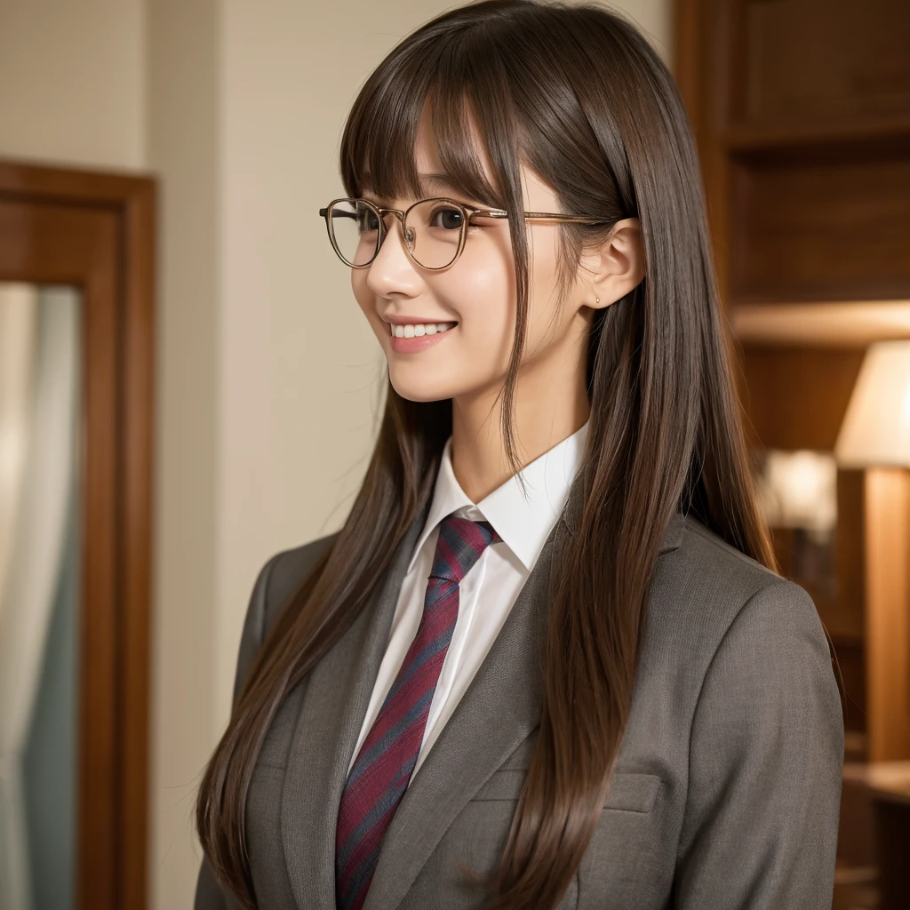 suit　room　One person, High resolution, Long Hair, smile, profile　
bangs, cute　Glasses