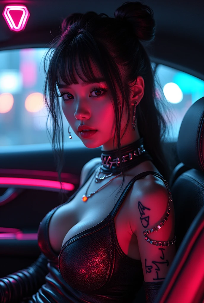 ultra-realistic, photorealistic, dramatic scene, (20 years old Japanese famous idol girl:1.5), sitting on a gorgeous rear seat of cyber punk Maybach, at cyber punk night city, dynamic angle, masterpiece, (close up of her beautiful face:1.6), beautiful eyes, (wearing a cyber punk bodysuits with neon markers:1.3), very large breasts, beautiful face,