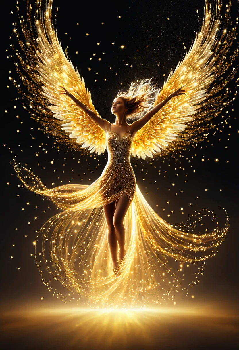 Phoenix, flying in the sky, bright sky, shining gold, sparkling particles of light dancing, flying over the people suffering from an incurable disease, high-definition realism, attention to detail, professional lighting,