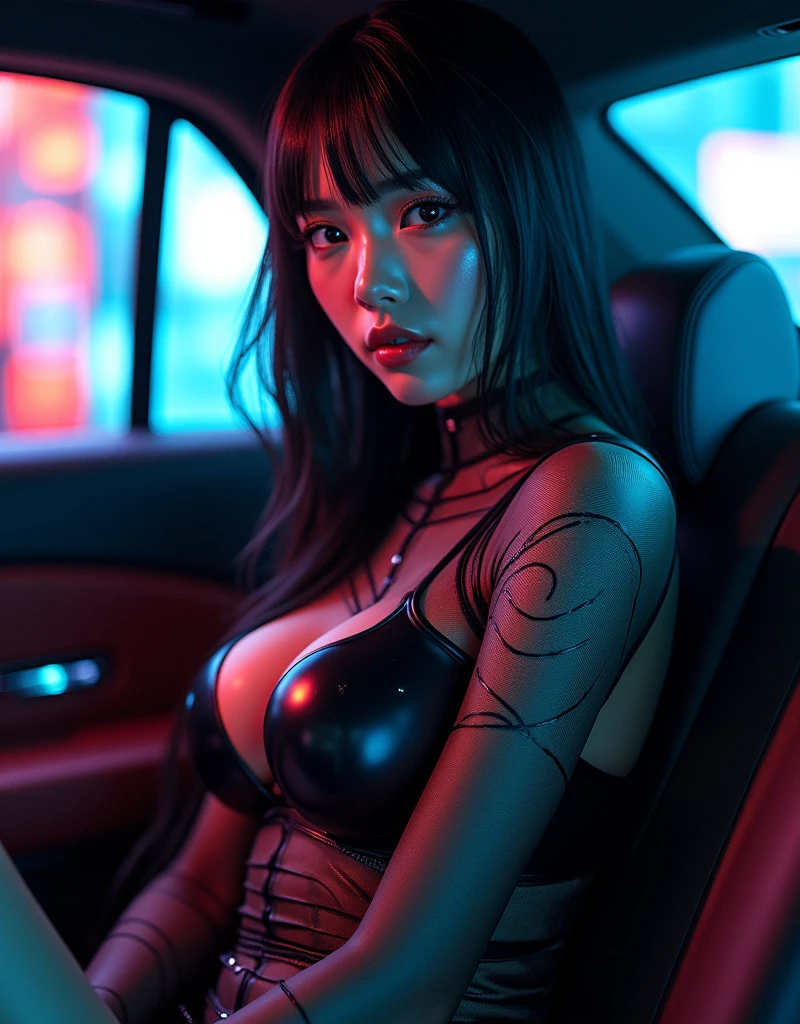 ultra-realistic, photorealistic, dramatic scene, (20 years old Japanese famous idol girl:1.5), sitting on a gorgeous rear seat of cyber punk Maybach, at cyber punk night city, dynamic angle, masterpiece, (close up of her beautiful face:1.6), beautiful eyes, (wearing a cyber punk bodysuits with neon markers:1.3), very large breasts, beautiful face,