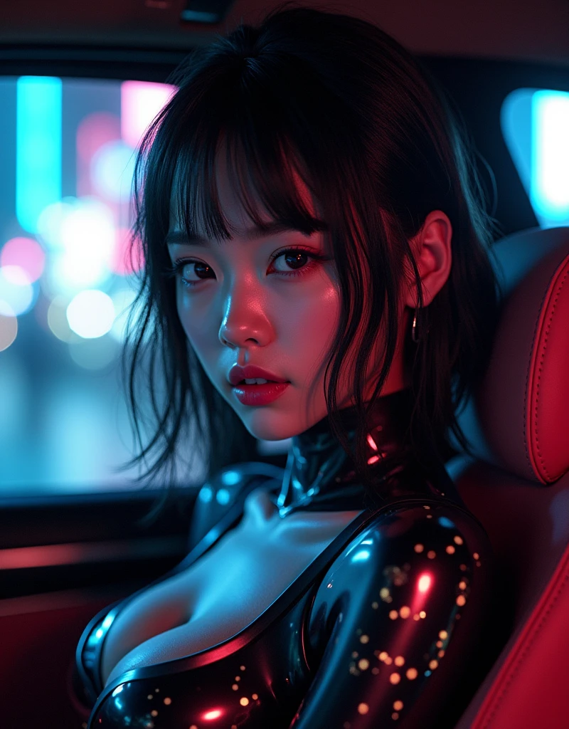 ultra-realistic, photorealistic, dramatic scene, (20 years old Japanese famous idol girl:1.5), sitting on a gorgeous rear seat of cyber punk Maybach, at cyber punk night city, dynamic angle, masterpiece, (close up of her beautiful face:1.6), beautiful eyes, (wearing a cyber punk bodysuits with neon markers:1.3), very large breasts, beautiful face,