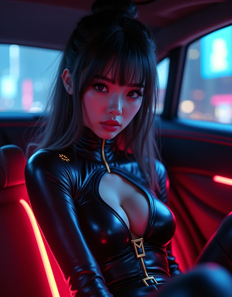 ultra-realistic, photorealistic, dramatic scene, (20 years old Japanese famous idol girl:1.5), sitting on a gorgeous rear seat of cyber punk Maybach, at cyber punk night city, dynamic angle, masterpiece, (close up of her beautiful face:1.6), beautiful eyes, (wearing a cyber punk bodysuits with neon markers:1.3), very large breasts, beautiful face,