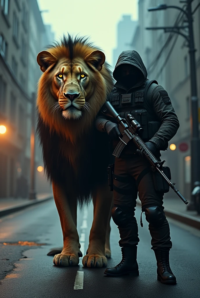 Lion with man with weapons and in the horror sean with dark in the road and like villain in the modern time