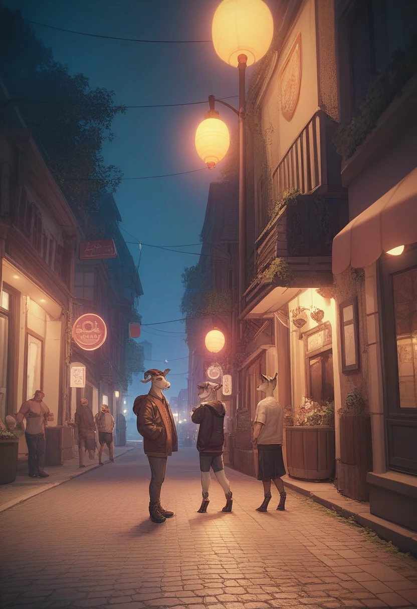 In Cinematic 3d cartoon style "Creat an image of a poor ager boy on the street of village, around the boy have many goats, goats colour are white with black spots, both sides of street have two tree, environment is darken night,image size(1536×848)