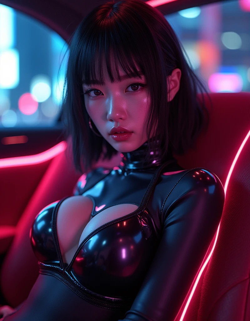 ultra-realistic, photorealistic, dramatic scene, (20 years old Japanese famous idol girl:1.5), sitting on a gorgeous rear seat of cyber punk Maybach, at cyber punk night city, dynamic angle, masterpiece, (close up of her beautiful face:1.6), beautiful eyes, (wearing a cyber punk bodysuits with neon markers:1.3), very large breasts, beautiful face,