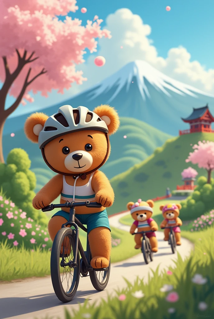 Teddy bear was cycling with her friends in the hill of japan