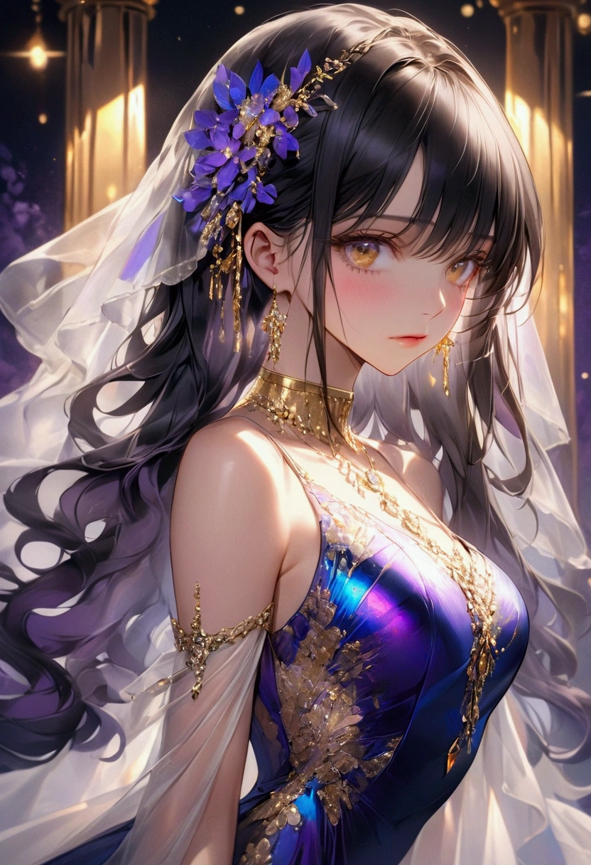 Long smooth straight black hair, inner colored dark-purple hair, golden eyes, elegant one-piece dress, masterpiece, super detail, best quality, 8k,semi-realistic