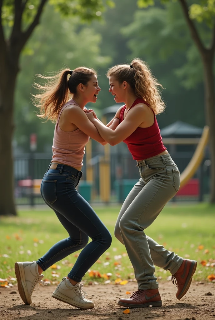 2 friends girls wrestling fighting at college in pants in playground angry face