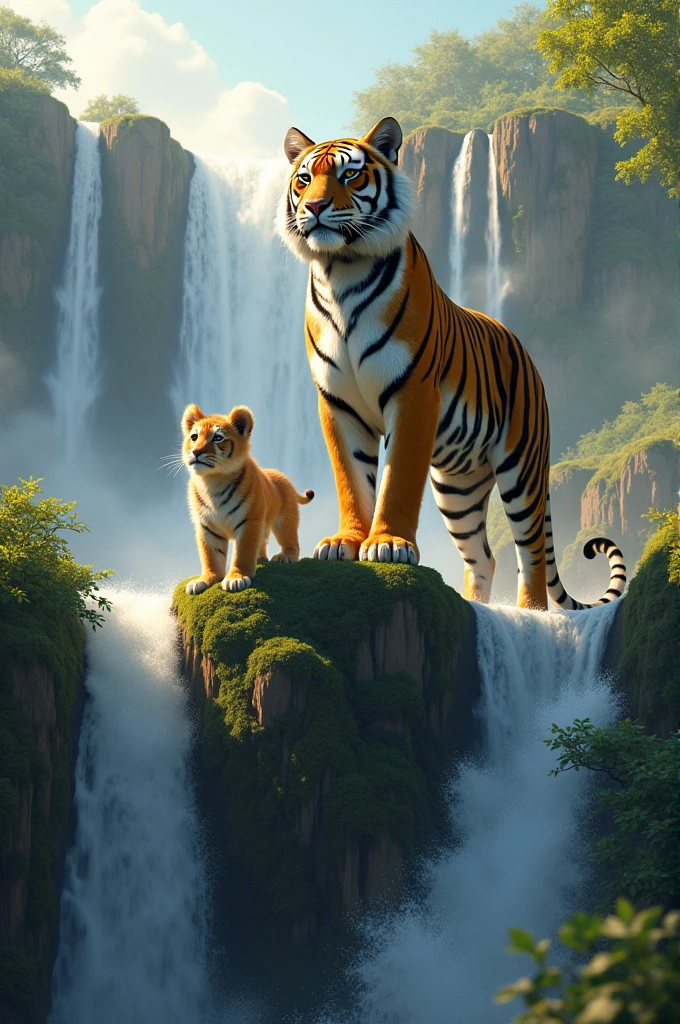 A tiger standing on waterfall with baby lion