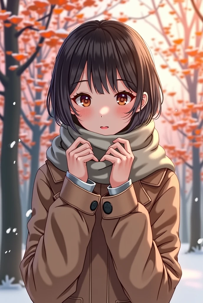 Draw a portrait like the one in the photo。
Japanese women、
22〜2、
Slim body type、
Winter PM3:00 The light comes from the left diagonal front、
Ginkgo trees, long cashmere coat, scarf, cute expression, hands on scarf