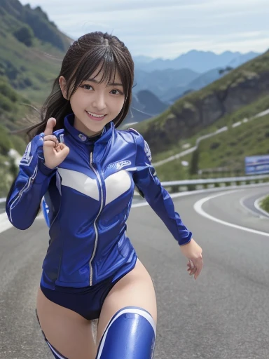 Japanese female, (underweight), (medium bust best quality:1.5), 30 years old, (cheerful grin:1.3),big city, (blue rider suit), yamaha super sports motorcycle, (motion blur:1.4), (Running with a hang-off on a mountain pass road:1.4),