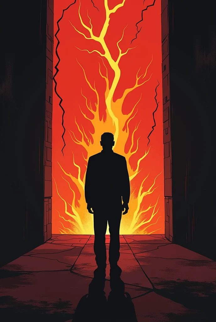 "A dramatic scene inspired by Stranger Things Season 3, rendered in the minimalist style of Olly Moss. Hopper stands silhouetted against the glowing, crackling energy of the machine in the Russian lab beneath Starcourt Mall. His figure is stark and resolute, shown in deep black with the fiery orange and red light of the machine casting long shadows. In the background, the ominous portal to the Upside Down is suggested with simple, dark shapes and faint tendrils. The composition uses clean lines and bold contrasts, focusing on Hopper’s sacrifice, with the glowing machine and dark surroundings creating a powerful visual impact."