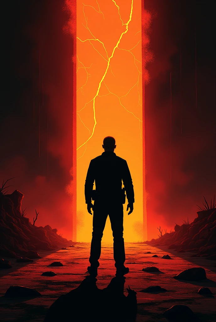 "A dramatic scene inspired by Stranger Things Season 3, rendered in the minimalist style of Olly Moss. Hopper stands silhouetted against the glowing, crackling energy of the machine in the Russian lab beneath Starcourt Mall. His figure is stark and resolute, shown in deep black with the fiery orange and red light of the machine casting long shadows. In the background, the ominous portal to the Upside Down is suggested with simple, dark shapes and faint tendrils. The composition uses clean lines and bold contrasts, focusing on Hopper’s sacrifice, with the glowing machine and dark surroundings creating a powerful visual impact."