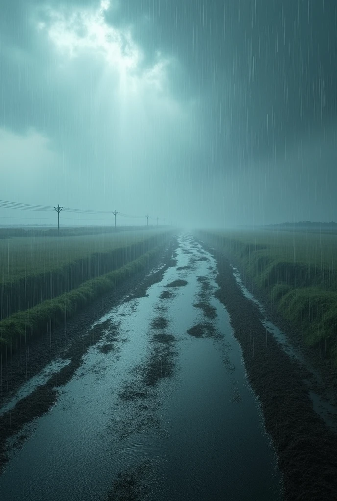 Heavily raining. Whater flowing from the ground, road, raining on the plain arias