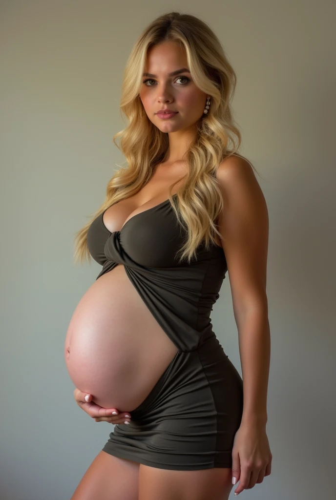 , huge breasts, pregnant, tight dress, thighs, blonde hair, pearl earrings,