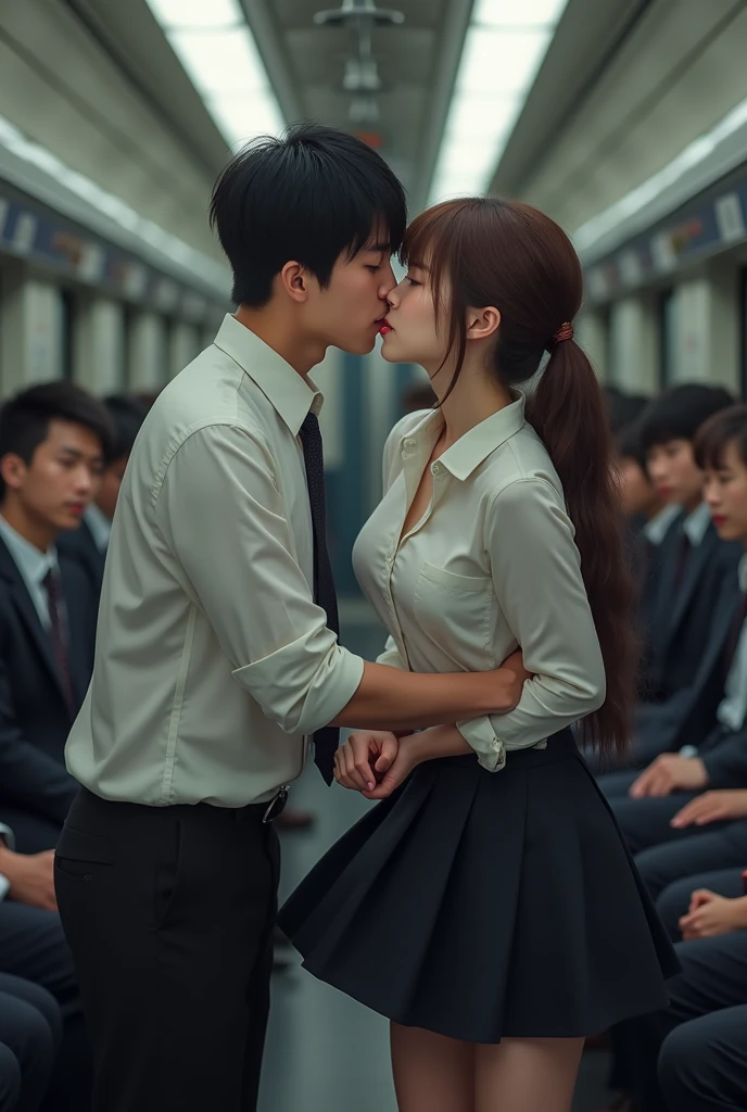 (molestation: 1.5), 1 girl, (full body shot), 1 man, (((office lady being molested: 1.5))), (very beautiful), (beautiful face: 1.5), girl has her hands tied behind her back, girl is crying, (office lady uniform: 1.2), (in a crowded Japanese train: 1.5), man forcefully kisses her, (man takes off her skirt: 1.5), (man holds her breasts: 1.5), (in SFW: 1.1), (((pussy visible through shirt))), (moans of pain: 1.3), (ecstasy: 1.5), rope bondage, slave