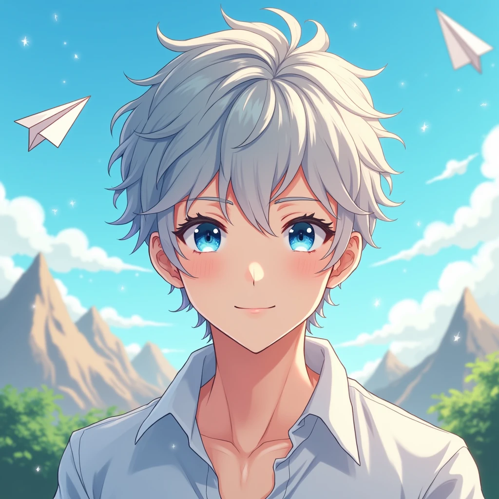This temperament male anime avatar,The protagonist is a cool young man,Also a male god。He has short, neat, slightly curly hair.,Hair color is fashionable silver gray,He's wearing a shirt and his eyes are bright,Eye color is deep blue,As if he could see into people's hearts,The look in his eyes reveals firmness and confidence。。Thick and strong eyebrows,Together with his eyes, they make up his handsome face。
The face shape is clearly defined,Smooth lines,The chin is slightly raised,Demonstrating an unyielding。Straight nose,The nasal wings are moderate,Adds a bit of three-dimensionality to the whole face。The corners of the mouth slightly raised,Draw a charming smile,As if ready to share his joy and enthusiasm with the world。
Background,You can choose a simple and bright color as the background,Such as fresh blue or warm,To highlight the handsomeness and vitality of the protagonist。You can also add some elements that match the theme.,Like floating clouds、Flying paper airplanes or mountains in the distance,Add a lively and interesting touch to the entire avatar。